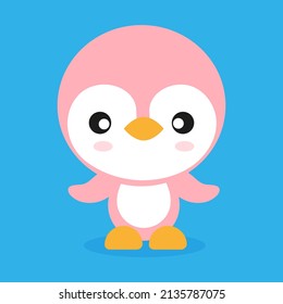 Cute pink penguin kawaii flat style, Suitable for printing postcard, fabric, textile, childrens room decoration,vector