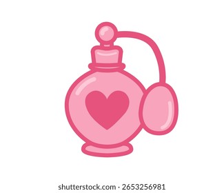Cute pink perfume bottle with heart detail in girly style, ideal for birthday party decorations, fashion illustrations, greeting cards, and festive celebration designs. Vector illustration.