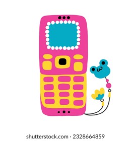 Cute pink phone from the 2000s, music players. Vector illustration in naive hand-drawn style. Cute yellow phone.
With frog keychain