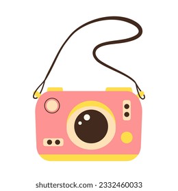 Cute pink photo camera with strap. Modern digital device with lens in vintage style. Cartoon flat illustration isolated on white background.