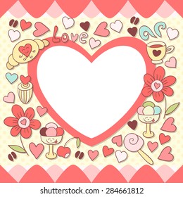 Cute pink photo frame. Baby shower card. Scrapbook elements. Vector cute illustration with flowers, sweets, icecream, coffee and hearts . Happy birthday card.