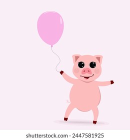 cute pink pig with a balloon