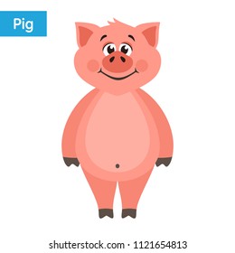 Cute pink pig. Cartoon character on a white background. Flat style. Colorful vector illustration. 