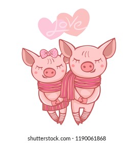 Cute pink pig cartoon character holding heart. Vector illustration
