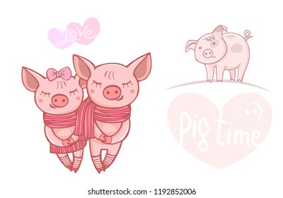 Cute pink pig cartoon character holding heart. Vector illustration