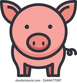 Cute Pink Pig Cartoon Icon with Outline Vector.