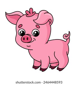 Cute pink pig in cartoon style. Vector colorful illustration of happy piggy isolated on white background. Colored cheerful piglet. Funny farm animal. Small swine.