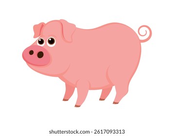 Cute pink pig in cartoon style vector illustration. Funny pig cartoon character. Happy standing pig icon vector isolated on a white background. Farm animal drawing