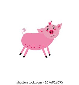 Cute pink pig. The cheerful pig smiles. Children's character animal. Vector editable illustration
