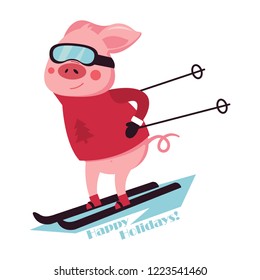 Cute pink pig down the mountain on skis. Downhill skier Vector illustration.