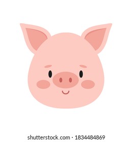 Cute pink pig face isolated on white background. Funny farm and domestic little pig head icon. Flat design cartoon style vector farm animal character portrait illustration. 