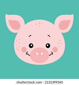 Cute pink pig face isolated on blue background