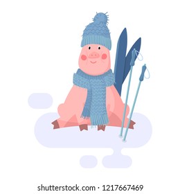 A cute pink pig in flat design. Piggy sitting in the snow. Pig in hat and scarf with ski and ski poles. A winter piglet is a symbol of 2019. Hand drawn vector illustration