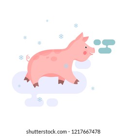 A cute pink pig in flat design. Piggy walking in the snow. Falling showflakes. A winter piglet is a symbol of 2019. Hand drawn vector illustration