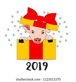 Cute pink pig in gift box. Chinese symbol of the 2019 year. Hand Drawn Vector illustration.