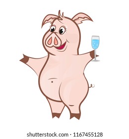cute pink pig with a glass of champagne on white background