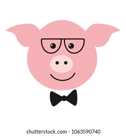 Cute pink pig with glasses.  Vector illustration of a pig. Head of a pig. Animal. Symbol of Chinese New Year.