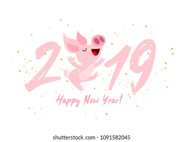 Cute pink pig. Happy New Year. Chinese symbol of the 2019 year. Excellent festive gift card. Vector illustration on white background.