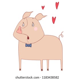 Cute pink Pig with heart. Vector illustration.