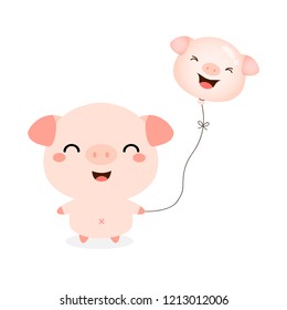 Cute pink pig holding balloons.