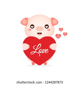Cute pink pig holding heart  Valentine's day postcard. Vector illustration.