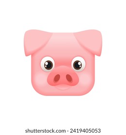 Cute pink pig icon, farm animal head with eyes, ears and funny snout in square shape vector illustration