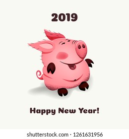 Cute pink pig meets New Year. Chinese symbol of the 2019 year. Excellent festive gift card for good 
congratulations.