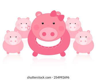 Cute Pink Pig Mom And Its Kids Illustration Isolated On White Background