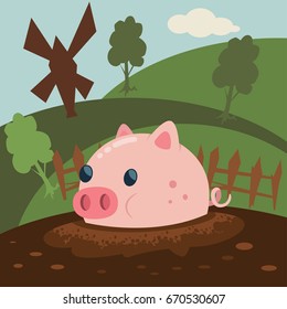 Cute pink pig is a mud puddle vector cartoon illustration. Farm animal.