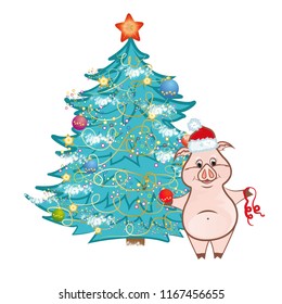 cute pink pig near Christmas tree on white background