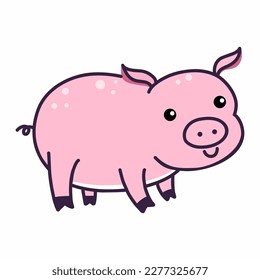 Cute pink pig on  white background. Illustration for children. Animal on farm. Doodle style drawing.
