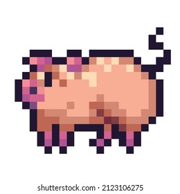 Cute pink pig pixel art icon. Farm animal logo. Domestic animal. Game development, mobile app. 8-bit sprite. Isolated vector illustration