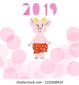 Cute pink pig in red pantalones with 2019 lettering. Excellent festive gift card. Vector illustration on the white background.