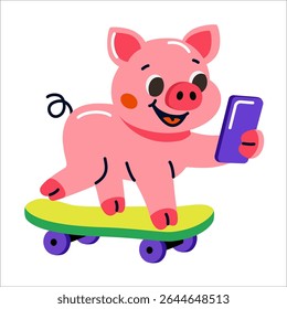 Cute pink pig riding a skateboard while holding a smartphone, fun cartoon character symbolizing joy, youth, and modern digital lifestyle. Vector illustration.