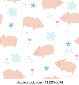 Cute pink pig seamless pattern. Vector hand drawn illustration.