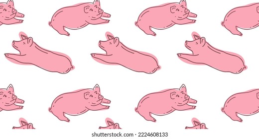 Cute pink pig seamless pattern. Doodle hand drawn vector illustration