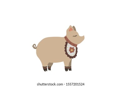 Cute pink pig sleep. Vector illustration. Baby animal. Folk apron.