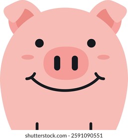 A cute pink pig with a smiling face and bright eyes, exuding a playful and joyful mood in a minimalist design.