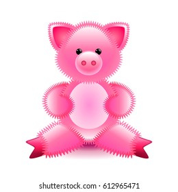 Cute pink pig soft toy isolated on white vector illustration