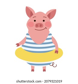 Cute pink pig swim sailor in a swimsuit with an inflatable ring. Vector illustration of cartoon character flat. 