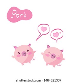 Cute pink pig vector illustration with lettering. Kawaii character icon for pork sign, logo for the store or packaging. Hand drawing isolated on white background. Menu, promotion cartoon characters.