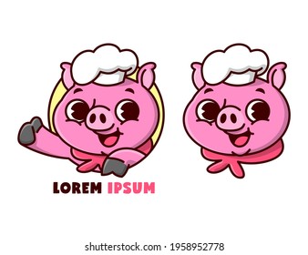 CUTE PINK PIG WEARING CHEF HAT SMILING IN CARTOON STYLE MASCOT.