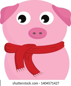 A cute pink pig wearing a red scarf, vector, color drawing or illustration. 