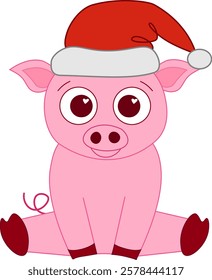 Cute pink pig wearing santa hat, graphic line vector composition. Chinese new year, lantern lunar festival mascot
