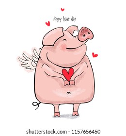 Cute pink Pig with a wings and heart. Happy love day - lettering quote. Comic Card of a Valentine's Day, poster, t-shirt composition, hand drawn style print. Vector illustration.