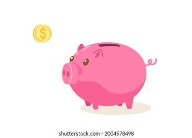 Cute pink piggy back isolated on white background looking at gold coin. Concept of saving money, investment, financial management, banking, economy, currency. Flat vector illustration cartoon.