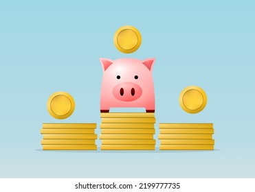 Cute pink piggy bank saving coin money growing wealth on golden coins stack on blue background vector design.