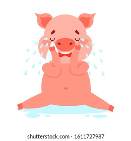Cute pink piglet character crying sitting in tears. Vector illustration isolated on white background