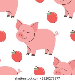 Cute pink piglet flat vector cartoon illustration. Simple vector illustration for children's posters greeting cards, wallpaper, textile design, print, gift paper, wrapping, fabric.