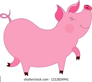 Cute pink piglet illustration on an isolated background in the form of a vector illustration. Pretty pig, which is in motion with cute pink ears and a twisted tail. New year 2019. Logo pig.